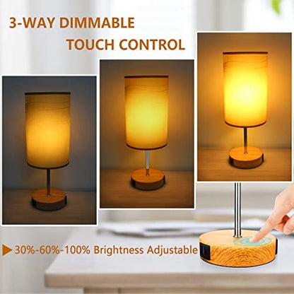 HiBay 17.75" Touch 3-Way Dimmable Bedside Table Lamp with Charging Station | Touch control, 3-way dimming, USB-A USB-C & AC outlet, farmhouse wood-grain adds cozy warmth for living room office desk - color: Wood Grain, size: Set of 1