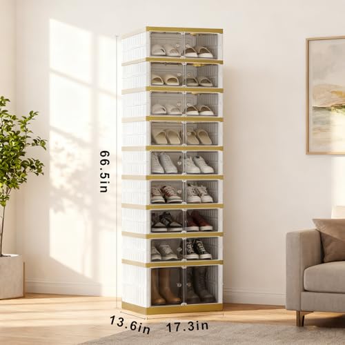 SYNCVIBE Foldable Shoe Rack, 9-Tier, 18 Pairs, 17.3" Wide, White Gold | Foldable Shoe Organizer, Collapsible Shoe Cabinet with Doors, Stackable Shoe Shelves for Closet, Entryway and Living Room - size: 9 Tiers -18 Pairs White Gold