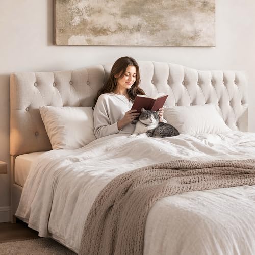 Iroomy Upholstered King Headboard, Button Diamond Tufted Headboard with Adjustable Height and Solid Wood Leg, Linen Fabric Padded Headboards for King Size Bed, Mordern Head Board, Beige - color: Beige, size: King