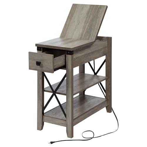 Awescuti Narrow End Table with Charging Station Farmhouse Slim Side Table with USB Ports and Power Outlets, Nightstand with Flip Top and Storage Drawer, for Small Spaces Living Room Bedroom, Gray - color: Grey, size: Single