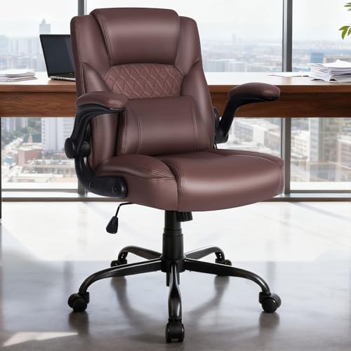 Home Office Chair with Lumbar Support, 5" Thickened Seat, Small PU Leather Rocking Desk Chair, Comfy Computer Chairs with Rolling Wheels & Adjustable Armrests for Adults, Brown - color: Brown