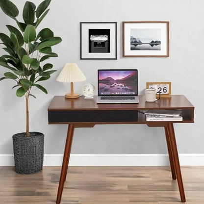 42.5 Inch Small Home Office Desk with Drawers, Mid Century Modern Minimalist Writing Desk, Slim Wood Computer Table with Storage for Apartments, Dorms, Easy to Assemble, Walnut