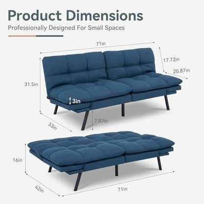 Futon Sofa Bed Convertible Couch, Blue Linen Sofa Bed | Adjustable Backrest & Armrests, Multifunctional Small Loveseat Sleeper Sofa for Living Room, Apartment, Office, Foam Couch - color: A3 | Blue