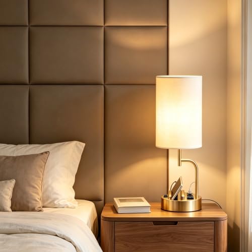 Dreamholder 2 Pack Table Lamp, Bedside Lamp with 3 USB Charging Ports & AC Outlet, USB Desk Lamp with 2 Phone Holders, Linen Fabric Shade Nightstand Lamps for Bedroom Living Room Office, Gold - color: Gold