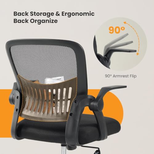 Sweetcrispy Computer Desk Chair, Home Office Chair, Lumbar Support, Black | Flip Up Armrest, Adjustable Height, 360° Swivel Wheels, Ergonomic Mesh Mid-Back, Comfy Arms Bedroom Study - color: Black, size: 18.31"D&Flip-up Arms