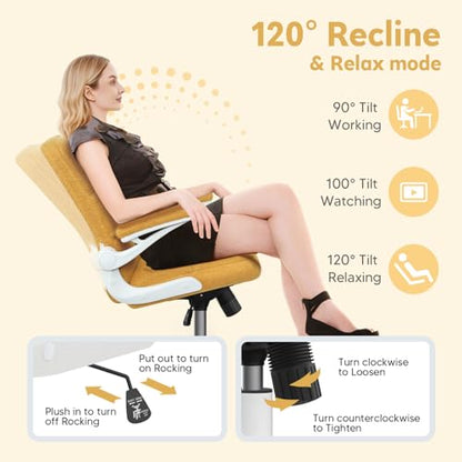 Office Chair with Wheels, Ergonomic Home Office Desk Chair with Flip-up Armrest, Adjustable Rolling Computer Chair Teddy Fleece – Gold - color: Gold