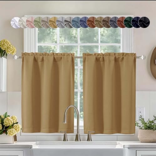 Aiyufeng Gold Short 36 Inches Blackout Curtain 2 Panels Set, Half Window Rod Pocket Privacy Curtain Tiers for Kitchen, Curtains Blackout for Bathroom Shades, W40 x L36 Inch, Gold - color: Gold, size: 40"W x 36"L (Pack of 2)
