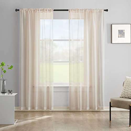 Beige Semi Sheer Curtains 72 Inches Long Faux Linen Curtain Beige Sheers Curtain for Bedroom Living Room Girls Kids Room 2 Panels 52x72 - color: Beige, size: 52"W x 72"L (Pack of 2)