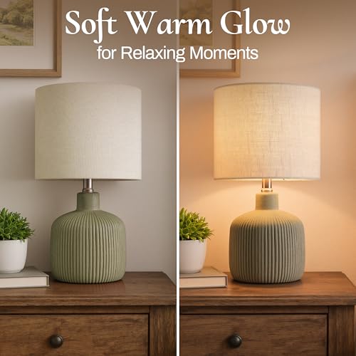 Ceramic Table Lamp, Oliver Green, 17.75" | Beige Linen Shade, Warm Ambient Lighting, Bedside Nightstand, Natural - color: Green