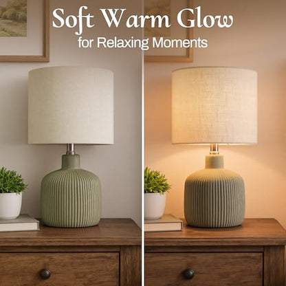 Ceramic Table Lamp, Oliver Green, 17.75" | Beige Linen Shade, Warm Ambient Lighting, Bedside Nightstand, Natural - color: Green