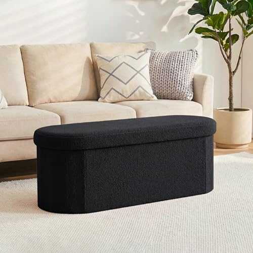 43 Inches Oval Ottoman with Storage, Boucle Sherpa Storage Ottoman Bench, Folding Foot Rest Chest for Bedroom Living Room - color: Black, size: 43"D x 15"W x 15"H