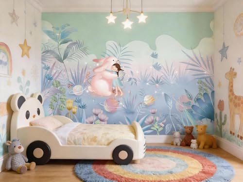 ASJ Kids Nursery Peel and Stick Wallpaper Mural, Girl Bunny Planet Pink | Seamless edge-to-edge match. Space botanical dreamy artwork, 118x78 in, premium fabric, girls bedroom playroom. - color: Soft Pink, size: 118" x 78"