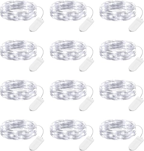 Brightown 12 Pack Led Fairy Lights Battery Operated String Lights Waterproof Copper Wire, 7 Feet 20 Led Firefly Starry Moon Lights for Wedding Party Bedroom Patio Christmas (White) | 20 LED Bulbs, White Glow, Waterproof, Flexible Silver Wire, Lovely for D
