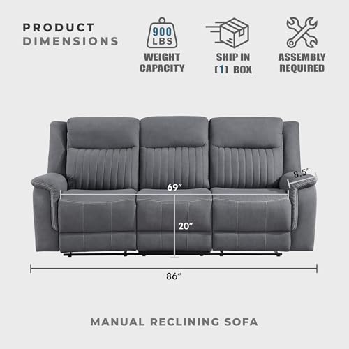 Lexicon Polished Microfiber Wall Hugger Manual Double Reclining Sofa, Gray | 86"W Upholstered 3 Seater Manual Sofa Recliner for Living Room/Apartment, Tool Free Assembly - color: Grey, size: Reclining Sofa