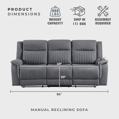 Lexicon Polished Microfiber Wall Hugger Manual Double Reclining Sofa, Gray | 86"W Upholstered 3 Seater Manual Sofa Recliner for Living Room/Apartment, Tool Free Assembly - color: Grey, size: Reclining Sofa