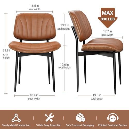 Dining Chairs Set of 2, Mid-Century Modern Upholstered PU Leather Chairs | with Walnut Bentwood Back and Metal Legs Adjustable Feet for Kitchen Dining Room, Camel Shell Strips - color: Camel Shell Strips