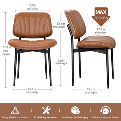 Dining Chairs Set of 2, Mid-Century Modern Upholstered PU Leather Chairs | with Walnut Bentwood Back and Metal Legs Adjustable Feet for Kitchen Dining Room, Camel Shell Strips - color: Camel Shell Strips