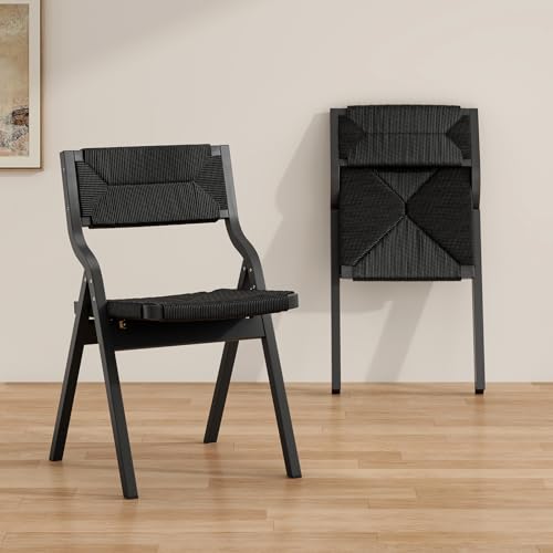 Wood Folding Chairs Set of 4, Foldable Chairs Wooden Indoor Stackable Dining Chairs for Kitchen & Dining Room Chair Woven Seat & Webbing Back