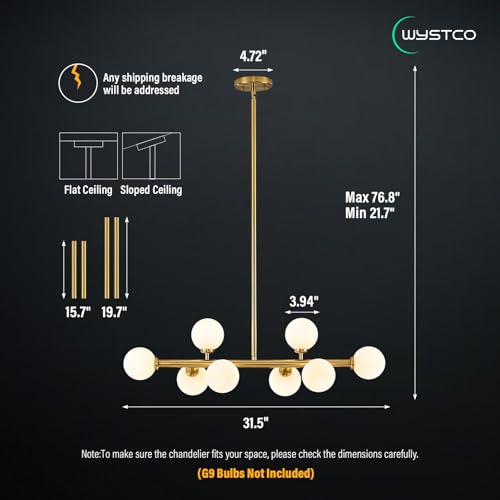 Mid Century Modern Globe Sputnik Chandelier, 8-Light Linear Chandeliers for Dining Room and Kitchen Island, Dining Light Fixture Over Table, Brass Gold and Milk White Glass Bubble, 32 Inch - color: Gold Milk White, size: 8-Light 32 Inch