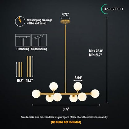 Mid Century Modern Globe Sputnik Chandelier, 8-Light Linear Chandeliers for Dining Room and Kitchen Island, Dining Light Fixture Over Table, Brass Gold and Milk White Glass Bubble, 32 Inch - color: Gold Milk White, size: 8-Light 32 Inch