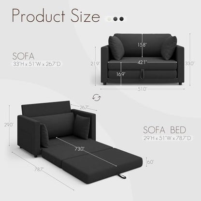 Convertible Loveseat Sofa Bed | Pull Out 78.7” Floor Couch Bed | Folding Sleeper Sofa Bed for Living Room, Apartment & Guest Room | Black - color: Black