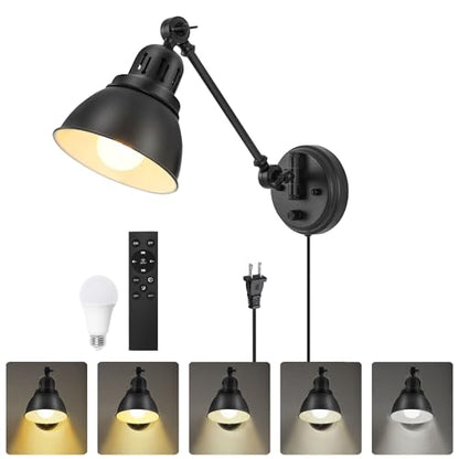 GOODATE 1 Pack Plug in Wall Sconce with Remote Control, Stepless Dimming & Stepless Colors 2700K-6500K, Plug in Wall Light, Swing Arm Wall Lamp with Night Light & Timer, LED Bulb Included - size: Black-1 PACK(Bulb+Remote)