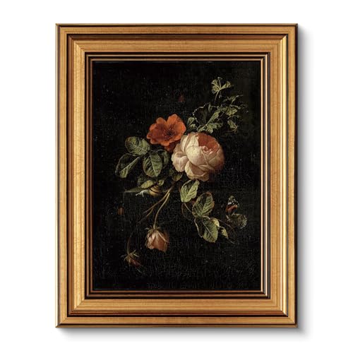 VIYYIEA Vintage Gold Framed Floral Wall Art, Dark Botanical Academia Moody Canvas Decor, Aesthetic Classical Roses Still Life Pictures, Victorian Picture Wall Decor for Gallery Bathroom Bedroom, 8x10inch - color: Roses Still Life, size: 10"L x 8"W
