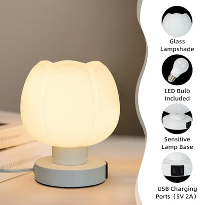 Touch Bedside Lamp wtih USB C+A Charging Ports,Tulip Flower Lamp | 3-Way Dimmable Lamp,Nightstand Lamp with Soft Light, Aesthetic Lamp with Wide Application