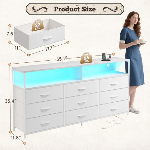 55" W Dresser for Bedroom with 9 Drawers LED, Power Outlets Fits 65" TV | TV Stand for 45, 55, 65 Inch TV Sturdy Long Chest of Drawers with Extra 2 Wooden Shelves Steel Frame PU Leather Drawer - color: White