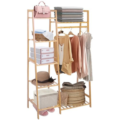 Ufine Bamboo Garment Rack with 7-Tier Storage Shelves & Hanging Rod | Portable Clothes Hanging Rack Minimalism Wardrobe Closet Organizer for Living Room - size: 7 Tier