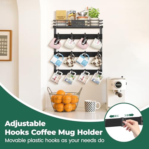 EsLuker.ly Coffee Mug Holder Cup Hanger Wall Mounted Display Rack | Metal Organizer with 12 Movable Plastic Hooks, Wood Rustic Shelf for Coffee Bar Home Kitchen, Thoughtful Wall Storage, Black - style: 12 Movable Hooks Black Style