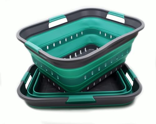 SAMMART 42L (11 gallon) Collapsible Plastic Laundry Basket - Foldable Pop Up Storage Container/Organizer - Portable Basket - Space Saving Hamper/Basket (2, Grey/Turquoise Blue) - color: Grey/Turquoise Blue