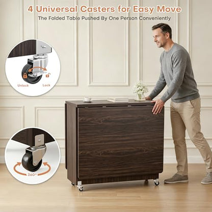 Jocoevol Space Saving Folding Dining Table for 4, Foldable Dining Table with Drawer and Storage Shelf, 6 Wheels Drop Leaf Kitchen Dining Room Table for Small Space (Walnut, 47.2" x 23.6" x 29.9") - color: Black Walnut