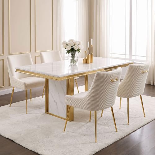 WUTUTUEE Velvet Dining Chairs Set of 4 Gold Legs,Upholstered Velvet Accent Chairs, Pleated Back Design & Gold Pull Handle, Mid Century Modern Chairs for Dining/Kitchen/Living Room,Beige - color: Beige, size: Set of 4