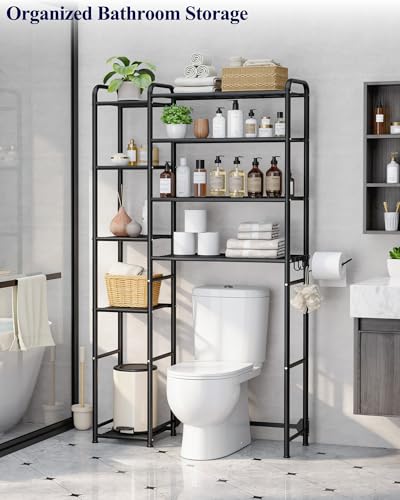 Kitsure Over Toilet Storage Rack, 68.7" H 9-Tier Adjustable Side Shelves | Bathroom, Small Bathrooms, Apartments, Rental Homes, Space Saving, Adjustable Side Shelves, Black, Metal Organizer