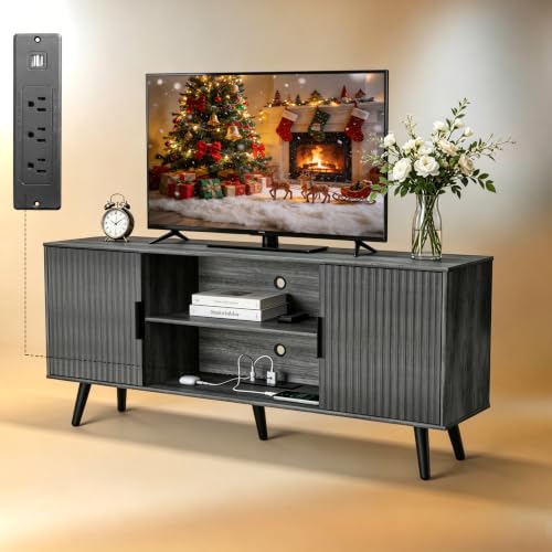 Lightdot 55" Gary Small TV Stand for TVs Up to 65" with Power Outlet | Mid-Century Modern Media Console with Fluted Side Cabinets & 2 Storage Shelves for Living Room Bedroom Entrance - color: Gray Oak/55"
