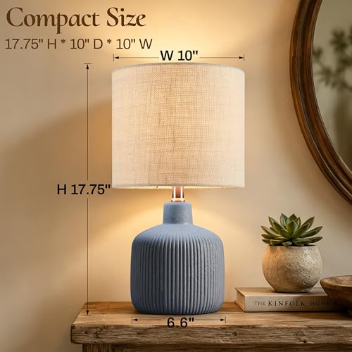 Ceramic Table Lamp, 17.75" Nautical Bedside Lamp with Beige Linen Shade, Warm Ambient Nightstand Lighting for Beach House, Navy Blue - color: Blue