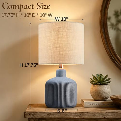 Ceramic Table Lamp, 17.75" Nautical Bedside Lamp with Beige Linen Shade, Warm Ambient Nightstand Lighting for Beach House, Navy Blue - color: Blue
