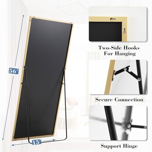 NEWBULIG Full Length Floor Mirror 56"x15", Body Standing Mirror | Wall Hanging or Leaning, Shatter-Proof Glass, Aluminum Alloy Frame with Stand, Home Decor Bedroom, Gold - color: Gold-rect, size: 56"L x 15"W