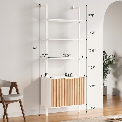 74" Tall Bookshelf with Storage Cabinet, Modern Ladder Shelf with Wood and Metal Frame, Wall Mount Bookcase Open Display Shelf Furniture for Living Room, Bedroom, Home Office, White and Oak - color: White & Oak