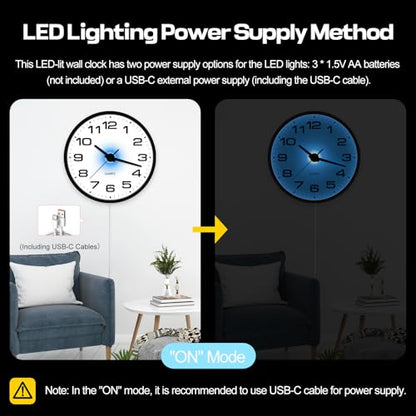 Night Light Wall Clocks Battery Operated, 12 Inch Silent Wall Clock for Bedroom Night Glow, Sound Control Luminous Wall Clocks for Living Room Decor, LED Wall Clock Modern for Kitchen Office - size: 12 Inch