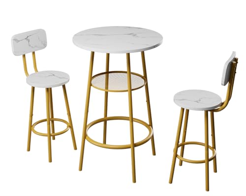 3-Piece Round Bar Table Set with Backrest & Partition, Counter Height Small Dining Table for 2, Includes 2 Foldable Stools, Sturdy MDF & Steel Frame for Kitchen/Dining Room (White+Gold) - color: White+gold