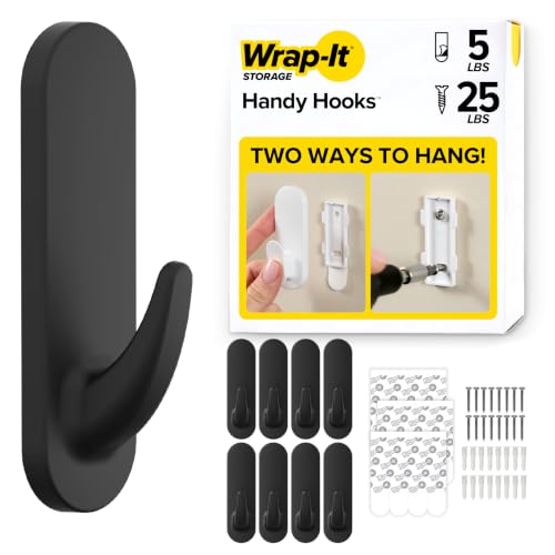 Wrap-It Storage Handy Hooks - The Fin Large 8 Pack (Black) | Dual Option Wall Mount or Removable Adhesive Hooks - Towel Hooks, Coat Rack, Picture Hanging, Dorm Room Essentials - color: Black, size: Large 8-Pack