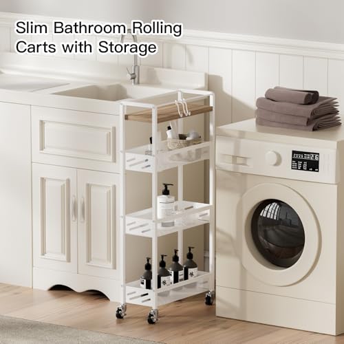 DGSNADGO Slim Rolling Storage Cart, 4-Tier Narrow Kitchen Cart with Wheels | Metal Mobile Snack Shelving, Skinny Rolling Spice Rack for Small Space in Kitchen, Living Room, Bathroom, Beige and White - color: Beige+white