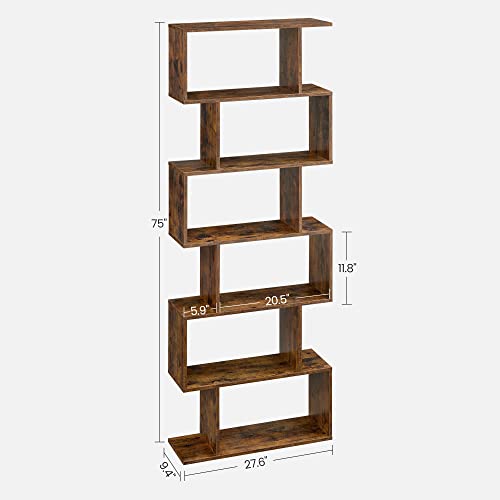 VASAGLE CUSTOS Collection - 6 Shelf Bookcase, S-Shaped Tall Bookshelf, Wood Display Shelf, Book Organizer, 27.6 x 9.5 x 75.4 Inch, Rustic Brown, for Living Room, Office, Rustic Brown ULBC61BXV1 - color: Rustic Brown, style: 6-Tier (27.6"W)