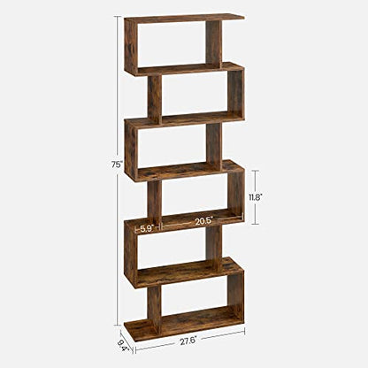 VASAGLE CUSTOS Collection - 6 Shelf Bookcase, S-Shaped Tall Bookshelf, Wood Display Shelf, Book Organizer, 27.6 x 9.5 x 75.4 Inch, Rustic Brown, for Living Room, Office, Rustic Brown ULBC61BXV1 - color: Rustic Brown, style: 6-Tier (27.6"W)