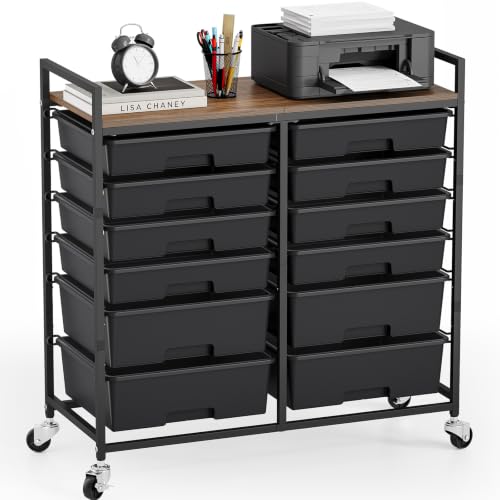 TOOLF 12 Drawers Rolling Storage Cart with Wooden Top for Classroom, Black | Teacher Cart Craft Art Supply Organizer, Utility Cart with Lockable Wheels for Home Household Essentials, Office Organization - color: Black