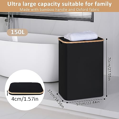 IEGrow Laundry Hamper with Lid,150L Laundry Basket with 2 Mesh Bags,Black | Dirty Clothes Hamper Basket with Bamboo Handle for Clothes Towels - color: Black, size: 150L