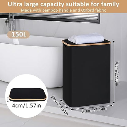 IEGrow Laundry Hamper with Lid,150L Laundry Basket with 2 Mesh Bags,Black | Dirty Clothes Hamper Basket with Bamboo Handle for Clothes Towels - color: Black, size: 150L