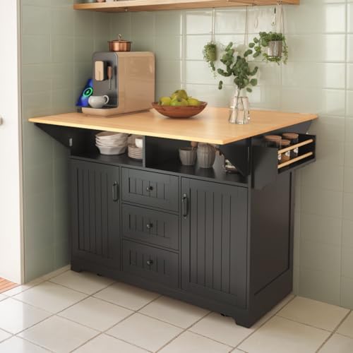 Kitchen Island with 2 Drop Leaf, Home Cart Island on Wheels Foldable Dining Table with Power Outlets,3 Drawers,Storage Cabinet, Tower Rack(Black) - color: Black